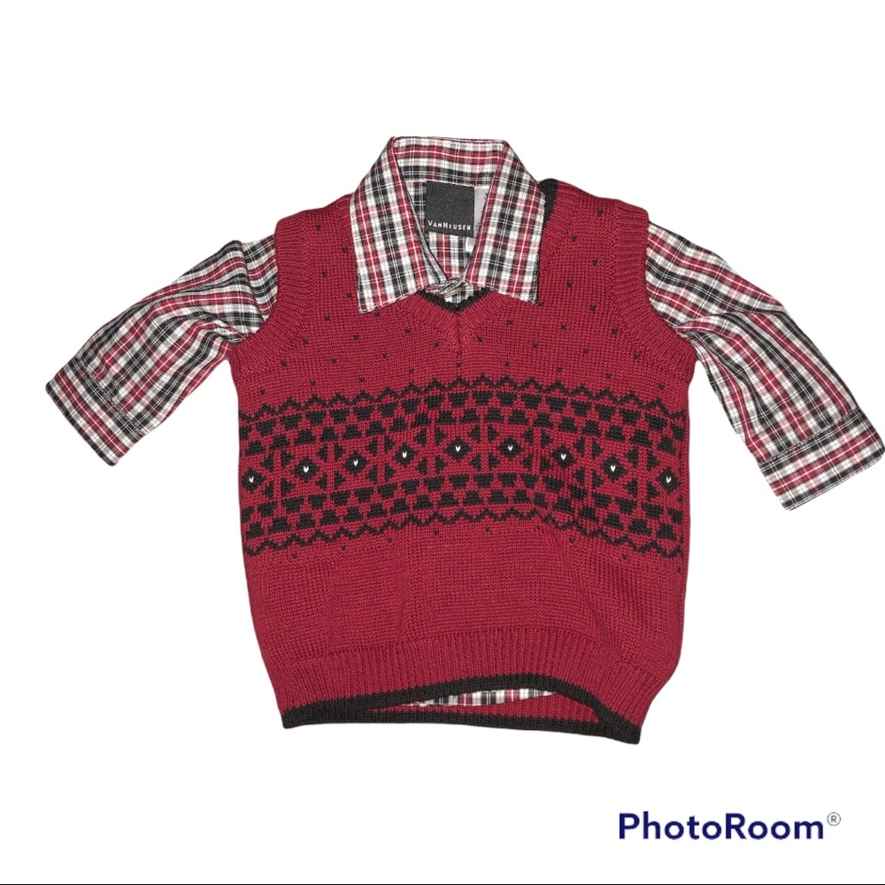 button down shirt & sweater vest black red white 3/6 Months